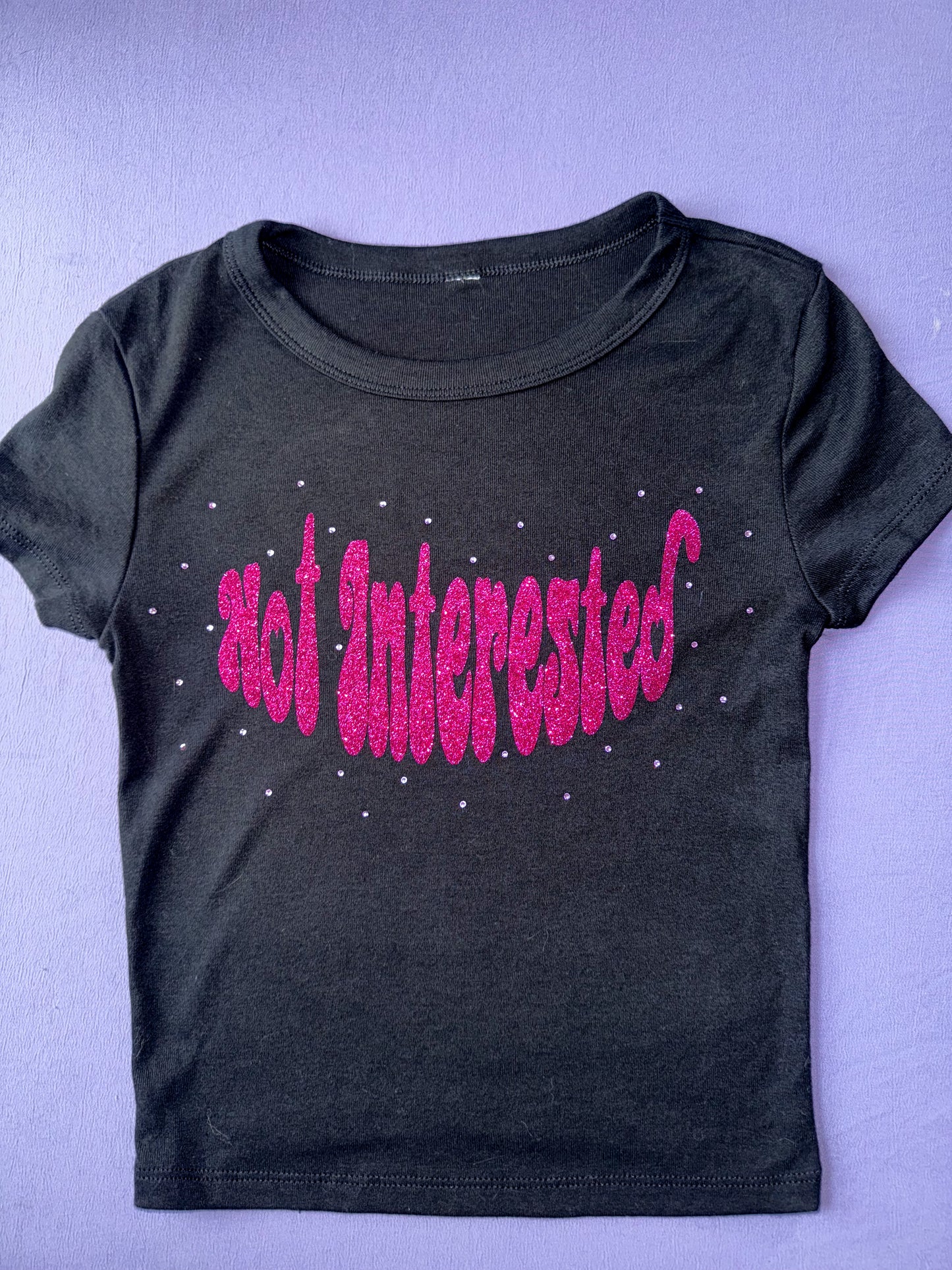 Not Interested Baby Tee - black with hot pink glitter